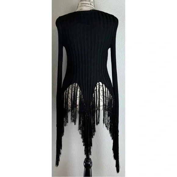 Moschino Black Ribbed Cardigan Sweater long Fringed Sleeve Asymmetrical hem 4 US